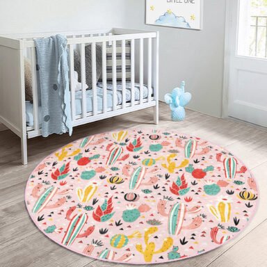 Pembe Zeminli Kaktüs Tasarımlı Çocuk Odası Makinede Yıkanabilir Kaymaz Tabanlı Yuvarlak Kadife Halı