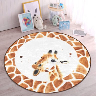 Beyaz Zemin Zürafa Desenli Çocuk & Genç Odası Makinede Yıkanabilir Kaymaz Taban Yuvarlak Kadife Halı