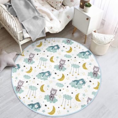 Mavi Bulutlar Üstünde Sevimli Ayı Motifli Çocuk & Genç Odası Yıkanabilir Kaymaz Taban Yuvarlak Halı