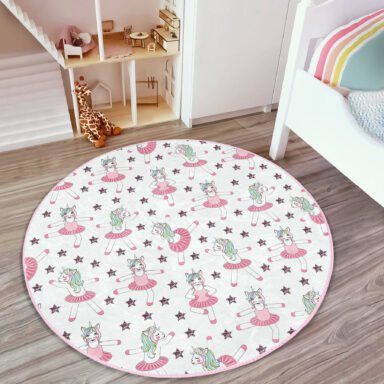 Dans Eden Unicorn Çizimli Çocuk & Genç Odası Makinede Yıkanabilir Kaymaz Taban Yuvarlak Kadife Halı