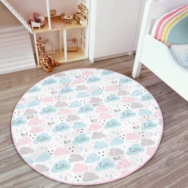 Hello Baby Renkli Bulutlar Çocuk & Genç Odası Makinede Yıkanabilir Kaymaz Taban Yuvarlak Kadife Halı