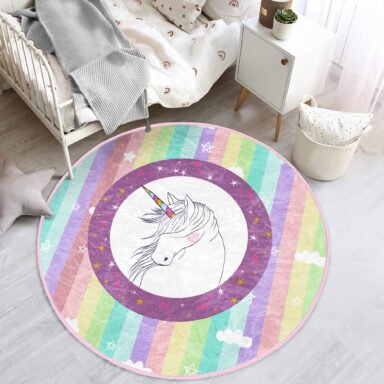 Renkli Çizgili Unicorn Temalı Çocuk & Genç Odası Yıkanabilir Kaymaz Tabanlı Yuvarlak Kadife Halı