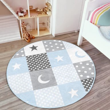 Renkli Kareler Geometrik Tasarımlı Çocuk Odası Makinede Yıkanabilir Kaymaz Tabanlı Yuvarlak Halı