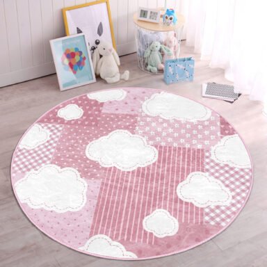 Pembe Temalı Bulut Tasarımlı Çocuk Odası Makinede Yıkanabilir Kaymaz Tabanlı Yuvarlak Kadife Halı