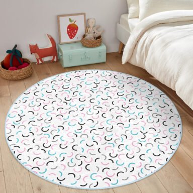 Renkli Oval Çizgi Tasarımlı Çocuk Odası Makinede Yıkanabilir Kaymaz Tabanlı Yuvarlak Kadife Halı