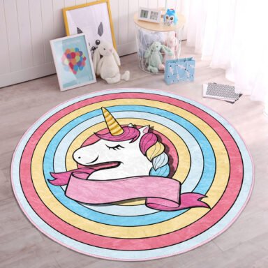 Renkli Daireler Unicorn Tasarımlı Çocuk & Genç Odası Yıkanabilir Kaymaz Tabanlı Yuvarlak Kadife Halı