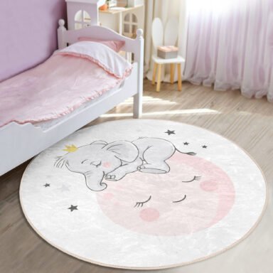 Pembe Ay Sevimli Fil Tasarımlı Çocuk Odası Makinede Yıkanabilir Kaymaz Tabanlı Yuvarlak Kadife Halı