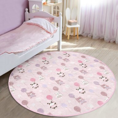 Balonlu Ayıcık Tasarımlı Çocuk & Genç Odası Makinede Yıkanabilir Kaymaz Tabanlı Yuvarlak Kadife Halı