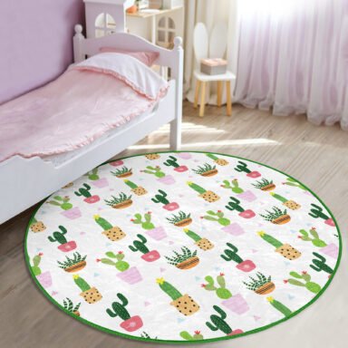 Minik Kaktüs Tasarımlı Floral Çocuk Odası Yıkanabilir Kaymaz Tabanlı Püsküllü Yuvarlak Kadife Halı