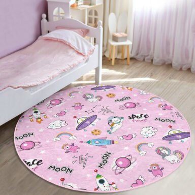 Pembe Zeminli Uzay Tasarımlı Çocuk Odası Makinede Yıkanabilir Kaymaz Tabanlı Yuvarlak Kadife Halı