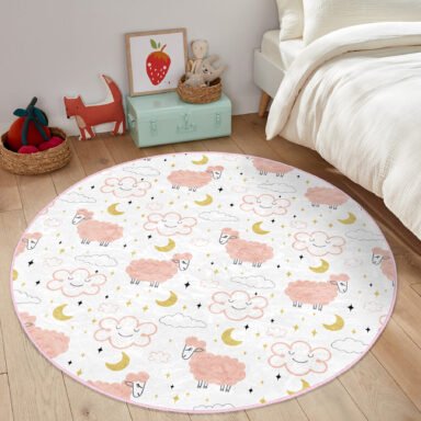 Pembe Keçi Motifli Çocuk & Genç Odası Makinede Yıkanabilir Kaymaz Tabanlı Yuvarlak Kadife Halı