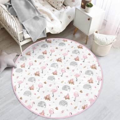 Flamingo ve Fil Motifli Yuvarlak Kadife Çocuk Odası Halısı
