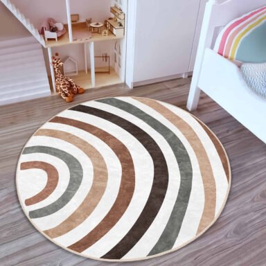 Pastel Tonlarda Dairesel Çizgili Desenli Çocuk Odası Halısı - Makinede Yıkanabilir Kaymaz Taban Halı