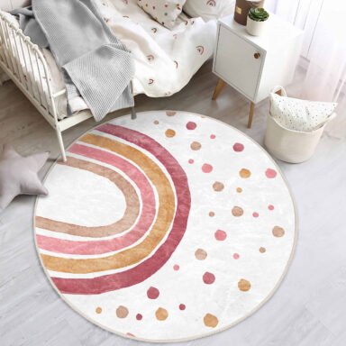 Pembe, Krem ve Altın Tonlarında Yuvarlak Desenli Çocuk Odası Yıkanabilir Kaymaz Taban Halı
