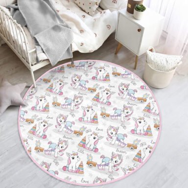 Sevimli Unicorn Motifli Çocuk & Genç Odası Makinede Yıkanabilir Kaymaz Tabanlı Yuvarlak Kadife Halı