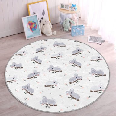 Sevimli Koala Desenli Çocuk Genç Odası Makinede Yıkanabilir Kaymaz Tabanlı Yuvarlak Kadife Halı