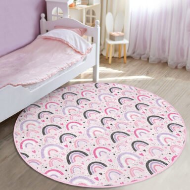 Pembe Zeminde Gökkuşağı Desenli Çocuk Odası Makinede Yıkanabilir Kaymaz Tabanlı Yuvarlak Kadife Halı