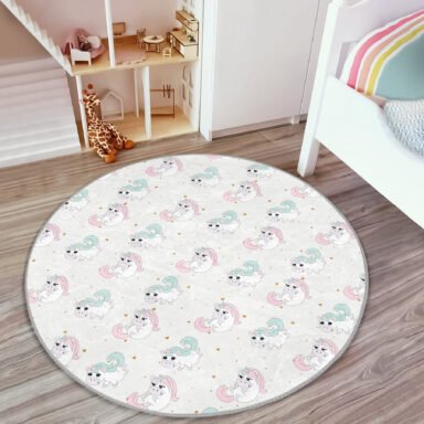 Sevimli Unicorn Desenli Çocuk & Genç Odası Makinede Yıkanabilir Kaymaz Tabanlı Yuvarlak Kadife Halı