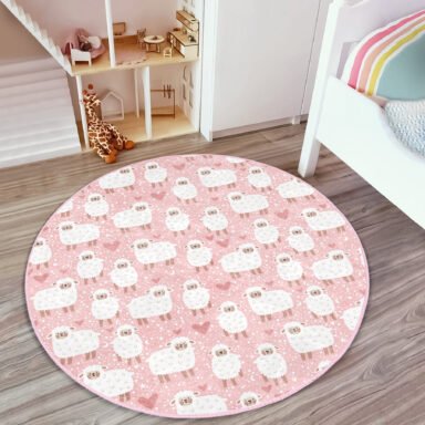 Pembe Zeminde Koyun Desenli Çocuk Odası Makinede Yıkanabilir Kaymaz Tabanlı Yuvarlak Kadife Halı