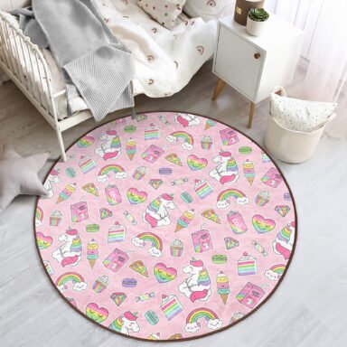 Unicorn Pasta Ve Kalp Desenli Çocuk & Genç Odası Yıkanabilir Kaymaz Tabanlı Yuvarlak Kadife Halı