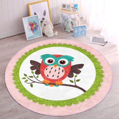 Baykuş Desenli Çocuk & Genç Odası Makinede Yıkanabilir Kaymaz Tabanlı Yuvarlak Kadife Halı