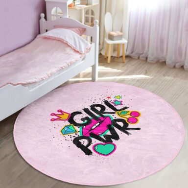 Dudak Girl Power Çocuk & Genç Odası Makinede Yıkanabilir Kaymaz Tabanlı Yuvarlak Kadife Halı