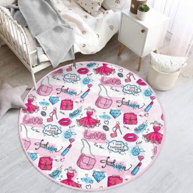 Fashion Aksesuar Desenli Çocuk & Genç Odası Makinede Yıkanabilir Kaymaz Tabanlı Yuvarlak Kadife Halı