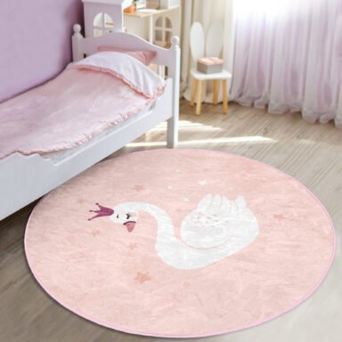 Pembe Zeminli Kuğu Desenli Çocuk & Genç Odası Makinede Yıkanabilir Kaymaz Taban Yuvarlak Kadife Halı