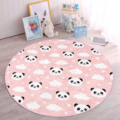Pembe Zeminli Panda Resimli Çocuk Odası Makinede Yıkanabilir Kaymaz Tabanlı Yuvarlak Kadife Halı