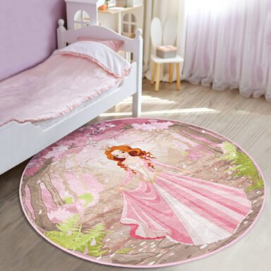 Prenses Girl Desenli Çocuk & Genç Odası Makinede Yıkanabilir Kaymaz Tabanlı Yuvarlak Kadife Halı