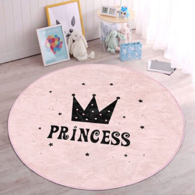 Pembe Zeminli Princess Yazılı Çocuk & Genç Odası Yıkanabilir Kaymaz Tabanlı Yuvarlak Kadife Halı