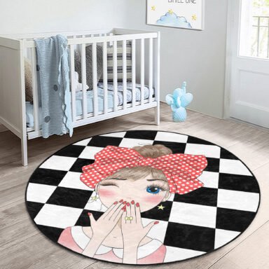 Damalı Fashion Girl Çocuk & Genç Odası Yıkanabilir Kaymaz Tabanlı Yuvarlak Kadife Halı 100x100