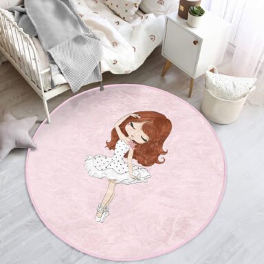 Fashion Girl Desenli Çocuk & Genç Odası Makinede Yıkanabilir Kaymaz Tabanlı Yuvarlak Kadife Halı