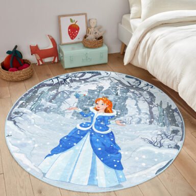 Cinderella Prenses Çocuk - Genç Odası Makinede Yıkanabilir Kaymaz Tabanlı Yuvarlak Kadife Halı