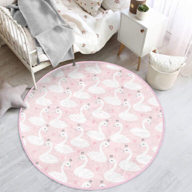 Pembe Puan Temalı Kuğu Motifli Çocuk Odası Makinede Yıkanabilir Kaymaz Tabanlı Yuvarlak Kadife Halı