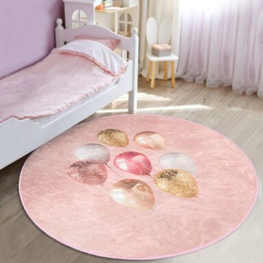 Pembe Zeminli Balonlar Desenli Çocuk Odası Makinede Yıkanabilir Kaymaz Tabanlı Yuvarlak Kadife Halı