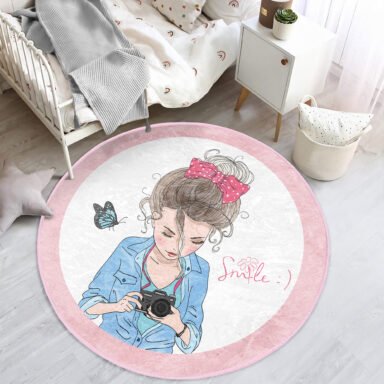 Özel Tasarım Smile Take Up Desenli Çocuk Odası Makinede Yıkanabilir Kaymaz Tabanlı Yuvarlak Halı