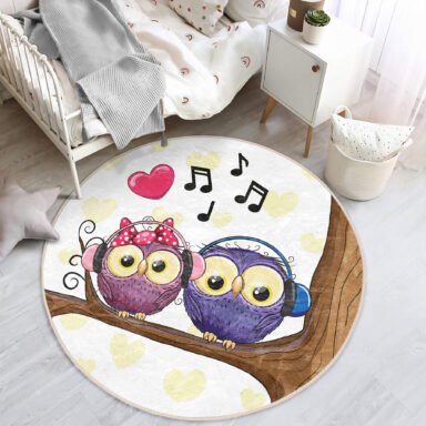 Baykuş Desenli Çocuk & Genç Odası Makinede Yıkanabilir Kaymaz Tabanlı Yuvarlak Kadife Halı