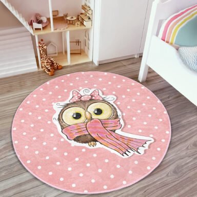 Baykuş Desenli Çocuk & Genç Odası Makinede Yıkanabilir Kaymaz Tabanlı Yuvarlak Kadife Halı