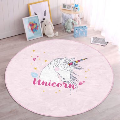 Pembe Zeminli Unicorn At Desenli Çocuk & Genç Odası Yıkanabilir Kaymaz Tabanlı Yuvarlak Kadife Halı
