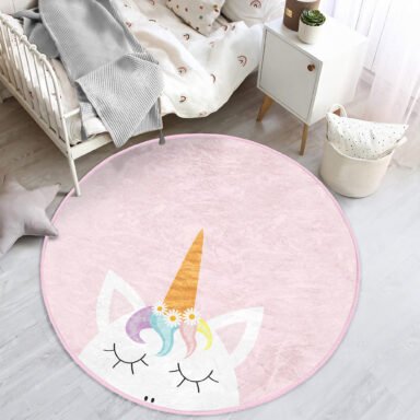 Pembe Zeminde Unicorn Desenli Tasarımlı Çocuk & Genç Odası Yıkanabilir Kaymaz Tabanlı Yuvarlak Halı
