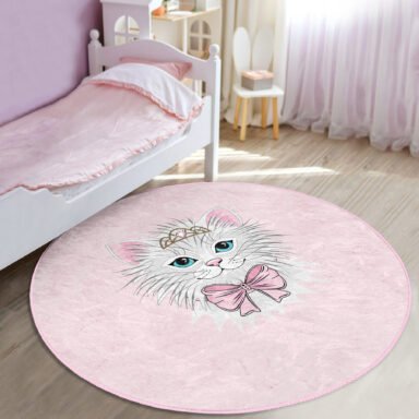 Pembe Zeminde Sevimli Kedicik Çocuk & Genç Odası Yıkanabilir Kaymaz Tabanlı Yuvarlak Kadife Halı