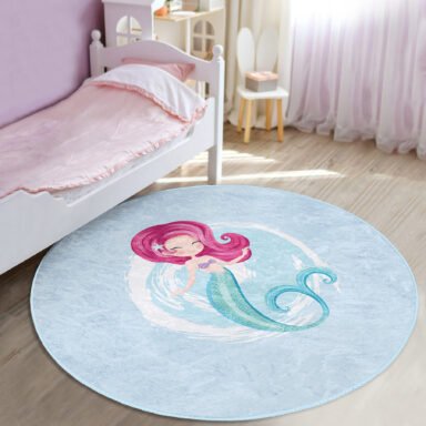 Mavi Zeminde Denizkızı Desenli Çocuk Odası Makinede Yıkanabilir Kaymaz Tabanlı Yuvarlak Kadife Halı