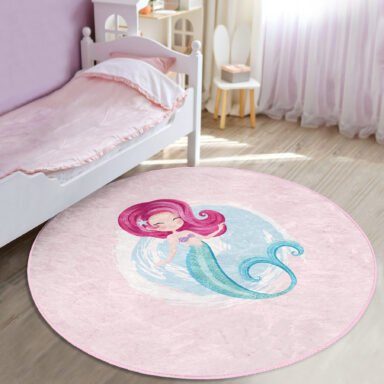 Pembe Zeminde Denizkızı Desenli Çocuk Odası Makinede Yıkanabilir Kaymaz Tabanlı Yuvarlak Kadife Halı