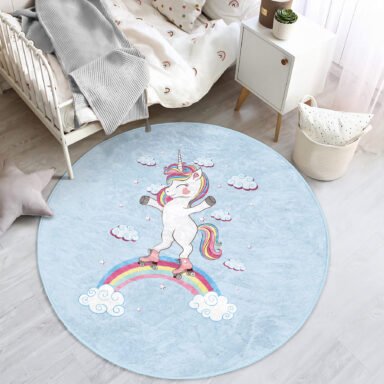 Mavi Zeminde Unicorn At Desenli Çocuk Odası Makinede Yıkanabilir Kaymaz Tabanlı Yuvarlak Kadife Halı