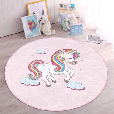 Pembe Zeminde Unicorn Motifli Çocuk Odası Yıkanabilir Kaymaz Tabanlı Yuvarlak Kadife Halı