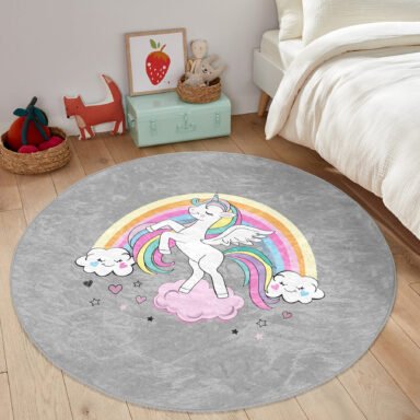 Gri Zeminde Unicorn At Ve Kalpler Tasarımlı Çocuk Odası Yıkanabilir Kaymaz Tabanlı Yuvarlak Halı