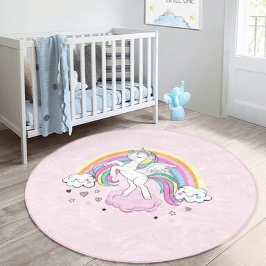 Pembe Zeminde Unicorn Desenli Çocuk & Genç Odası Yıkanabilir Kaymaz Tabanlı Yuvarlak Kadife Halı