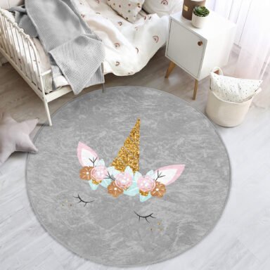 Gri Zeminde Magic Unicorn Tasarımlı Çocuk & Genç Odası Makinede Yıkanır Kaymaz Tabanlı Yuvarlak Halı