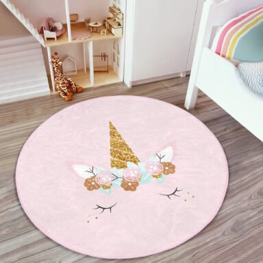 Magic Unicorn Tasarımlı Çocuk & Genç Odası Makinede Yıkanabilir Kaymaz Tabanlı Yuvarlak Kadife Halı